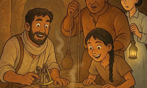 Un explorateur barbu et bronzé, portant chèche beige, chemise en lin et sac en cuir usé, s'agenouille près d'un puits de pierre en posant un sextant en laiton; Aïcha, une fille en tresse aux mains sableuses, se penche à gauche, curieuse; Youssef, chamelier robuste, descend une gourde attachée à une corde derrière l'explorateur; Leïla, infirmière attentive, tient une lampe frontale en retrait près de l'entrée de la grotte. La salle souterraine du plateau a des parois brunes veinées, dalles autour d'un puits central et gravures d'étoiles; la lumière chaude filtre depuis l'entrée et un filet d'air frais se voit comme une brume. Le mécanisme secret vient de se déclencher: deux dalles glissent, une vapeur fraîche et une odeur d'eau montent, la gourde remonte pleine; visages surpris et soulagés, atmosphère de découverte. Style: couleurs saturées mais naturelles, contours nets, expressions tendres et textures détaillées, composition centrée sur le puits en demi-cercle.