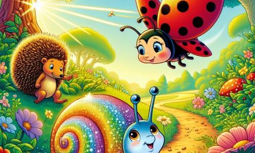 Un petit escargot nommé Lutin, avec une coquille irisée comme un arc-en-ciel, avance lentement sur un chemin de terre, affichant une expression déterminée. À ses côtés, une coccinelle rouge nommée Lila vole joyeusement, tandis qu'un hérisson sage, Hugo, se tient près de lui, prêt à l'encourager. La scène se déroule dans une forêt enchantée, avec des arbres majestueux et des fleurs colorées. Lutin et ses amis se dirigent vers la Colline du Vent pour trouver la Fleur de Vie et sauver leur Grand Chêne, illuminés par des rayons de soleil.