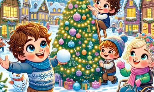 Dans un village enneigé, quatre enfants se rassemblent autour d'un sapin décoré. Théo, au centre, exprime sa joie, tandis que Léa lance une boule de neige et Hugo accroche une guirlande. Clara, dans son fauteuil roulant, observe émerveillée. Le village est illuminé et les flocons de neige tombent. Les enfants profitent d'une journée de Noël magique, remplie de rires et de jeux, célébrant ensemble la fête dans une ambiance joyeuse.