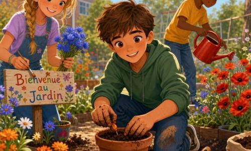 Lucas, garçon de 12 ans accroupi, cheveux châtains courts, mains terreuses, plante une petite graine orange dans un pot en terre cuite; Sarah, 12 ans, cheveux blonds en tresse, souriante, tient un bouquet de bleuets et peint une pancarte « Bienvenue au Jardin » à gauche; Tom, 12 ans, cheveux noirs bouclés, tient un arrosoir rouge et arrose des coquelicots à l’arrière droit; scène dans un jardin d’école printanier avec allées de terre, massifs de fleurs multicolores, petits pots et outils, guirlandes de tissu, ciel clair et balançoire floue, atmosphère lumineuse et chaleureuse, style vectoriel net aux couleurs saturées, formes simples, cadrage moyen rapproché et douce lumière du matin.