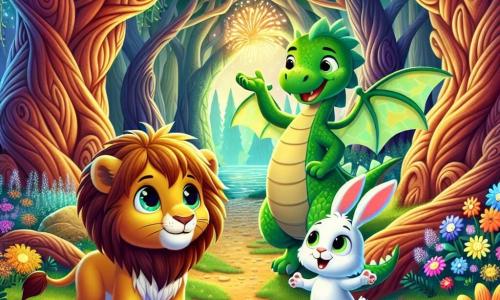 Dans une forêt magique, trois amis se tiennent ensemble : Léo, un lionceau de 5 ans avec un pelage doré, regarde une grotte sombre ; Max, un dragon de 4 ans aux écailles vertes, vole au-dessus du sol en souriant ; et Tom, un lapin de 3 ans au pelage blanc, se tient à côté de Léo, courageux malgré ses pattes tremblantes. La scène se déroule dans une forêt enchantée avec des arbres majestueux, des fleurs colorées et une rivière scintillante. Devant la grotte, un dragon farceur joue avec des flammes de feux d'artifice, tandis qu'un vieux hibou les observe. Les amis sont prêts à partir à l'aventure pour retrouver un grimoire magique, unis par leur amitié et leur courage.