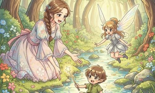 Aurore, au sourire doux et aux yeux brillants, cheveux châtains longs en tresse et robe pastel à fleurs, penchée au bord d'une rivière claire pour tendre la main et récupérer une baguette scintillante; la petite fée Étoile, ailes translucides irisées et robe argentée, flotte au-dessus de l'eau, émerveillée et soulagée; le lutin Grignote, garçon d'apparence huit ans, petit, cheveux ébouriffés, vêtement vert et bottines marron, est à mi-plongée dans la rivière en éclaboussant, tenant la baguette à moitié sortie de l'eau; la scène se passe dans une forêt lumineuse aux troncs courbés, feuilles vertes, fleurs colorées, pierres moussues et reflets dorés, avec des lucioles flottant autour; situation : trio d'amis réuni au bord de la rivière chantante récupérant la baguette brillante, atmosphère joyeuse, couleurs chaudes et contrastes doux, composition centrée sur la baguette scintillante et les visages heureux.