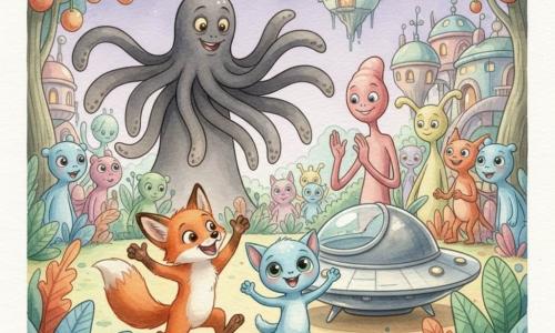 Filou, un jeune renard roux aux grandes oreilles, saute et danse joyeusement en chantant tandis que Zog, petit extraterrestre bleu à grands yeux, l’imite près d’un vaisseau argenté; Glip, Zorgonien élancé à tête bulbeuse, bat la mesure en souriant et le Goulou, grande créature sombre à tentacules arrondis, se calme en ondulant; la fête improvisée se déroule dans un village zorgonien coloré aux maisons-bulles, jardins de fruits lumineux et plantes géantes sous un ciel violet à deux petits soleils, avec des couleurs chaudes et pastels, textures aquarelle et expressions dynamiques.