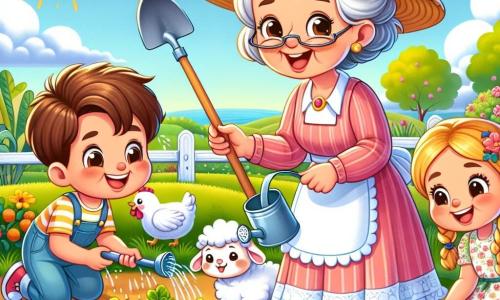 Mamie Lucie est une femme joyeuse avec des cheveux gris en chignon et un sourire chaleureux. Elle porte un chapeau de paille et des bottes rouges, tenant une pelle pour planter des graines dans un potager ensoleillé. À côté d'elle, un garçon de 8 ans aux cheveux bruns observe avec curiosité, tenant un arrosoir. Une fille de 6 ans avec des tresses blondes s’agenouille pour caresser un petit agneau blanc. La scène se déroule dans une ferme colorée entourée de champs verdoyants, avec des poules et des fleurs éclatantes. Mamie Lucie explique aux enfants comment planter des graines sous un soleil éclatant.