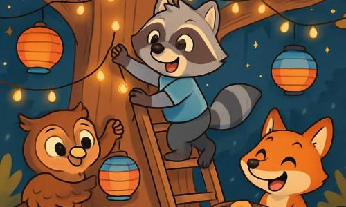 Un jeune raton laveur nommé Rémi grimpe sur une échelle en bois pour accrocher des guirlandes lumineuses sur un grand arbre, affichant un large sourire. À sa droite, Max le renard tient un plateau de biscuits au miel, riant joyeusement. À gauche, Léa le hibou accroche des lanternes colorées avec une expression concentrée mais heureuse. La scène se déroule dans la forêt enchantée de Sylvaniwood, où des arbres majestueux entourent un tronc d'arbre creux décoré de guirlandes étincelantes. Rémi et ses amis préparent la fête du Nouvel An, remplis d'excitation et de camaraderie sous un ciel étoilé.