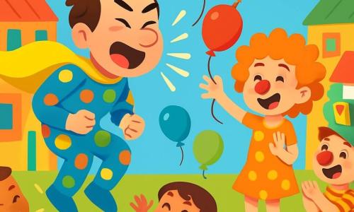 Super-Paf est un homme en costume à pois multicolores, avec une cape jaune fluo et un grand sourire. Il a des cheveux en bataille et des yeux malicieux, prêt à éternuer pour faire un saut incroyable. À ses côtés, une fille d’environ 10 ans, déguisée en clown avec un nez rouge et une perruque bouclée, jongle avec des ballons colorés. Un garçon de 8 ans, également clown, applaudit Super-Paf tout en étant assis sur un gros pop-corn avec un chapeau en forme de poisson. La scène se déroule sur la place de Rigolopolis, entourée de bâtiments colorés et de stands de bonbons, où des enfants rient et dansent. Super-Paf éternue, et tout le monde s'accroche à son harnais à selfies, tandis que les ballons s'envolent, créant une atmosphère joyeuse et magique.