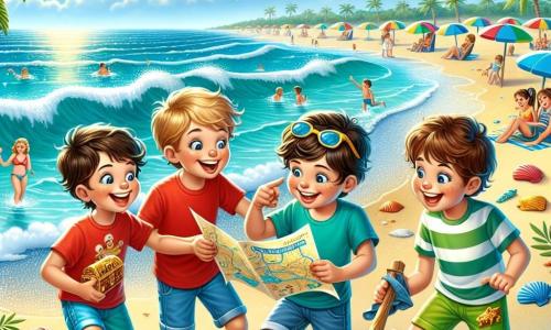 Au premier plan, quatre garçons de 10 ans, Lucas, Louis, Tom et Hugo, sont sur une plage ensoleillée. Lucas, en t-shirt rouge, tient une carte au trésor. Louis, en short bleu, montre des coquillages brillants. Tom, avec des lunettes de soleil et un t-shirt vert, examine un indice dans le sable. Hugo, en maillot de bain rayé, creuse avec enthousiasme. En arrière-plan, la plage s'étend avec des vagues turquoise, des parasols colorés et des familles profitant du soleil sous un ciel bleu avec quelques nuages. Les garçons sont en pleine chasse au trésor, entourés de rires et d'une atmosphère joyeuse, symbolisant l'esprit des vacances d'été.