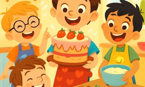 Il y a quatre enfants : Malo, un garçon de 7 ans avec des cheveux bruns en bataille, souriant au centre avec un grand gâteau qui saute ; Tom, 6 ans, blond avec des lunettes rondes, à gauche de Malo, riant et montrant son doigt vers le gâteau ; Léo, 7 ans, avec des cheveux noirs et un bol de pâte à gâteau, à droite de Malo ; et Sami, 6 ans, châtain avec des taches de rousseur, crouché devant Malo, riant avec de la farine sur le nez. La scène se déroule dans une cuisine lumineuse et colorée, avec une grande table en bois couverte de farine et de fruits. Les enfants préparent un gâteau rigolo, créant une ambiance festive et chaleureuse.