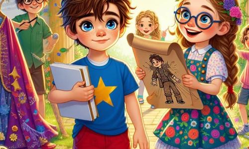 Lucas, un garçon de 8 ans aux cheveux bruns en bataille et aux yeux curieux, se tient au centre, portant un t-shirt bleu de super-héros et un short rouge, avec un léger sourire et un script de théâtre en main. À ses côtés, sa meilleure amie Chloé, également âgée de 8 ans, avec des cheveux blonds tressés et des lunettes rondes, sourit en montrant un costume en papier. En arrière-plan, d'autres enfants, dont Tom en t-shirt vert et Sarah en pull rose, se préparent pour leur pièce sur le harcèlement. Le jardin ensoleillé, rempli de fleurs et d'arbres, sert de décor à leur répétition, illustrant leur engagement pour la gentillesse et l'amitié.