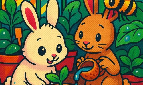 Noisette, petit lapin blanc aux yeux brillants, penche tendrement au‑dessus d’un pot en terre cuite où une fine pousse de capucine aux deux feuilles montre une goutte d’eau; Marlon, jeune lapin brun clair aux grandes oreilles, sourit timidement et tient une coquille de noix transformée en arrosoir à côté de Noisette; une petite abeille jaune et noire butine sur une feuille voisine; le tout se déroule dans une serre en verre aux cadres verts, lumière chaude, pots en terre et feuilles mouillées, ambiance humide, intime et pleine d’espoir.