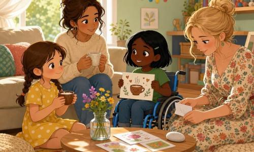 Quatre personnages dans un salon lumineux près d'une grande fenêtre : Zoé (~8 ans, cheveux châtains en couettes, robe jaune à pois) assise par terre à gauche tenant une petite tasse de chocolat et souriant timidement ; Lina (~8 ans, cheveux courts noirs, t‑shirt vert, fauteuil roulant léger bleu) à droite de Zoé tenant une pancarte « Café des Mamans » ; la maman de Zoé (~35 ans, pull crème, cheveux bruns en bataille) assise sur un grand coussin derrière les filles à gauche tenant une tasse et les regardant avec tendresse ; la maman de Lina (~36 ans, robe fleurie, chignon blond) assise sur un coussin à droite lisant un petit mot sous un caillou décoratif. Ambiance douce et chaleureuse de fête des mères : deux filles servent des boissons et offrent des mots, tapis coloré, table basse en bois clair avec une petite fleur dans un verre et un caillou blanc, étagères avec livres et jouets, rideau léger, murs vert pâle, textures et couleurs pastel.
