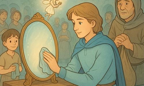 Un jeune prince serein à visage ovale et cheveux châtain clair mi-longs, vêtu d’une tunique bleu pastel et d’une cape légère, s’agenouille et frotte délicatement un grand miroir ancien posé sur une table en bois ; la fée minuscule Paillette, grande comme une main, cheveux en chignon de plume blanc et ailes translucides pailletées, virevolte au-dessus en applaudissant tandis qu’un homme d’environ 50 ans, Lorn, au visage marqué et cheveux gris sous un capuchon retiré, vêtu simplement et tenant un sac vide, affiche honte et soulagement ; à gauche, Timo, garçon d’environ 10 ans aux cheveux bruns courts en robe simple, tient une éponge et sourit timidement ; plusieurs villageois adultes forment un demi-cercle derrière la table, certains tenant des lampes ou des tartes ; la scène se déroule dans la grande cour pavée du château au crépuscule, pavés humides reflétant les lanternes, tables rustiques avec tartes et limonade, guirlandes lumineuses, murs de pierre couverts de lierre et légère brume qui se dissipe ; le miroir s’éclaircit progressivement, des filaments de brume s’élèvent en arrière-plan, ambiance douce et chaleureuse aux couleurs pastel (bleu pâle, miel, vert tendre), traits arrondis et textures douces, composition centrée sur le prince et le miroir, atmosphère d’apaisement et de réparation.