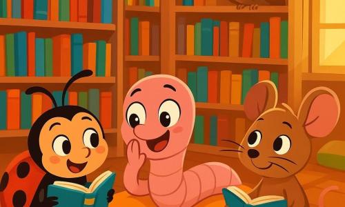 Un ver de terre nommé Gustave, avec un corps rose et des yeux pétillants, sourit en chuchotant à ses amis. Allongé sur un coussin moelleux, il est entouré de livres colorés. À ses côtés, Pénélope la coccinelle, avec ses ailes rouges à pois noirs, essaie de lire un livre à l'envers, amusée et un peu confuse. Albert le mulot, avec sa fourrure brune, observe curieusement en tenant un dictionnaire. Ils se trouvent dans une bibliothèque magique, remplie de livres colorés et de coussins, éclairée par une lumière dorée. Ils préparent un concours de chuchotements, riant doucement pour ne pas déranger une vieille chouette qui dort.