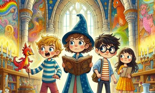 Dans un hall coloré d'un château magique, quatre enfants se tiennent au centre. Emma, 10 ans, sourit courageusement avec un vieux livre de magie. À sa droite, Lucas, 9 ans, avec des lunettes, fait une grimace comique. À gauche, Clara, 10 ans, observe émerveillée avec un carnet de croquis. Un petit dragon coloré se pose sur l'épaule de Lucas. Le hall immense est rempli de potions pétillantes et de créatures fantastiques, avec des murs ornés de fresques et un grand lustre étoilé. Les enfants défient un sorcier transformé en canard rose géant dans une compétition de danse hilarante, entourés de rires et de magie.