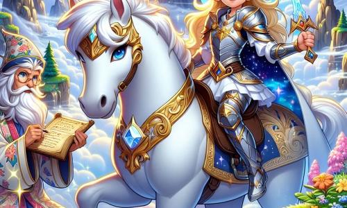 Au centre de l'image, Lysia, une jeune chevaleresse d'environ 20 ans, se tient sur son cheval blanc, Éclair. Elle a de longs cheveux dorés, des yeux bleu ciel et porte une armure ornée de motifs de fleurs. Son visage exprime bravoure et confiance alors qu'elle brandit une épée scintillante. À ses côtés, la Gardienne des Étoiles, une vieille sorcière au visage ridé, l'observe avec bienveillance, vêtue d'une robe colorée parsemée d'étoiles et tenant un ancien rouleau. Le décor est situé au sommet de la Montagne des Brumes, entouré de nuages, de fleurs éclatantes et d'arbres majestueux sous un ciel bleu clair. Lysia est prête à partir à l'aventure pour récupérer le Joyau de la Lumière, tandis que la sorcière lui confie une prophétie mystérieuse.