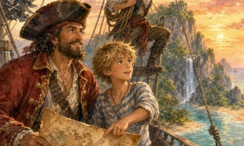 Un capitaine pirate barbu d'une quarantaine d'années en grand manteau rouge et tricorne tient une vieille carte au trésor et sourit, un garçon mousse blond d'environ 12 ans en marinière pointe une direction à droite sur le pont, une jeune matelote brune d'environ 25 ans grimpe à la hune avec une corde et scrute la côte ; le vieux bateau en bois aux voiles déchirées, tonneaux et poulies est rendu en textures aquarelle, tandis qu'au loin une île verdoyante avec falaise, cascade et plage dorée apparaît sous un ciel pastel au coucher, créant une atmosphère d'aventure et de découverte.