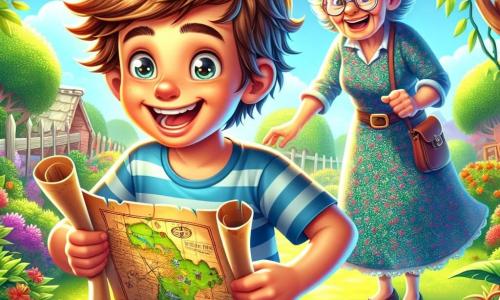 Léo, un garçon de 8 ans aux cheveux ébouriffés et aux yeux pétillants, tient une vieille carte au trésor. Il porte un t-shirt rayé bleu et un short en jean, affichant une joie débordante. À ses côtés, sa grand-mère souriante, âgée d'environ 65 ans, l'observe tendrement, vêtue d'une robe fleurie. Ils se trouvent dans un jardin luxuriant, rempli de fleurs colorées et de grands arbres, avec une petite forêt mystérieuse en arrière-plan. Léo, enthousiaste, pointe la carte vers la forêt, prêt à partir à la recherche du trésor caché.