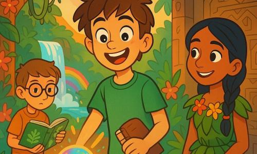 Lucas, un jeune garçon de 12 ans aux cheveux bruns en désordre et aux yeux curieux, se tient au centre de l'image avec un sourire émerveillé. Il porte un t-shirt vert et un short beige, tenant un carnet de croquis d'une main tout en pointant vers une sphère lumineuse devant lui. À ses côtés, sa meilleure amie Maya, 11 ans, avec des cheveux noirs tressés et des vêtements en feuilles, le regarde avec un sourire encourageant. En retrait, Hugo, 12 ans, avec des lunettes et des cheveux châtains, feuillette un livre sur les plantes médicinales, concentré. Le décor est une jungle luxuriante avec des arbres géants, des lianes et des fleurs colorées. En arrière-plan, une cascade déverse son eau dans un bassin cristallin. Ils découvrent une sphère lumineuse dans un ancien temple, entourés de fresques mystérieuses, exprimant émerveillement et camaraderie, prêts à relever des défis.