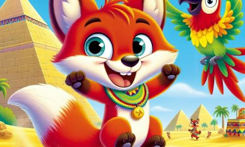 Un petit renard nommé Rémi, avec un pelage roux et de grands yeux curieux, danse joyeusement dans le sable près des pyramides d’Égypte. Il sourit, ses pattes levées, tournant sur lui-même, entouré de grains de sable scintillants. À ses côtés, un perroquet coloré nommé Pipo bat des ailes avec enthousiasme et crie des mots d'encouragement. En arrière-plan, les pyramides se dressent sous un ciel bleu, illuminées par le soleil, tandis qu'une fête joyeuse se déroule avec d'autres animaux dansants et des lanternes colorées. La scène montre Rémi dansant, entouré d'amis qui l'encouragent, créant une atmosphère festive et joyeuse.
