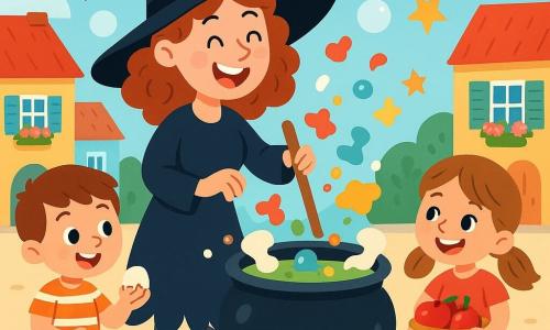 Zozo la sorcière est une femme joyeuse avec un grand chapeau noir et des bottes qui couinent. Elle a des cheveux bouclés et un large sourire. Elle mélange des ingrédients colorés dans un chaudron au centre d'une place animée. À ses côtés, Petit Léo, un garçon de 7 ans, casse des œufs avec soin, tandis que Mila, une fille de 6 ans, tient une corbeille de pommes rouges. La place est charmante, entourée de maisons colorées et de fleurs éclatantes. Des bulles flottent dans l'air, créant une atmosphère magique. Zozo et les enfants préparent une fête magique, avec des rires et des ingrédients qui volent autour d'eux, tandis que des étoiles en papier tombent du ciel.