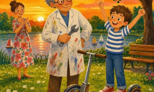 Léon, quinquagénaire aux cheveux gris en bataille et lunettes rondes, sourit en tenant une clé anglaise, fier devant la trottinette; Jules, garçon de 8 ans aux cheveux châtains courts, lève les bras de joie sur la trottinette; Madame Pivoine, quarantaine, chignon et robe à fleurs, applaudit en arrière‑plan près du bassin; décor : petit parc au bord d’un bassin avec voiliers miniatures, herbe ponctuée de pâquerettes et banc en bois, coucher de soleil orangé et rose; la trottinette inventée, au premier plan, a un plateau bas, deux grandes roues avant et une petite arrière en bois patiné et métal brillant; ambiance chaleureuse et guillerette, style gouache aux coups de pinceau visibles, couleurs saturées et rendu enfantin.