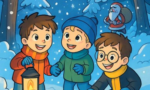 Trois garçons sont présents : Jules, 10 ans, cheveux bruns en bataille, manteau rouge et écharpe rayée, tenant une lanterne ; Maxime, 9 ans, cheveux blonds, joues roses, bonnet bleu et manteau vert, émerveillé par les flocons de neige ; Théo, 10 ans, cheveux châtains, lunettes rondes, manteau noir et écharpe jaune, dessinant dans la neige. Ils se trouvent dans une forêt enchantée sous la lune, entourés d'arbres couverts de neige scintillante. Ils rient et s'émerveillent, tandis qu'un vieil homme mystérieux apparaît au loin avec une hotte pleine de cadeaux.