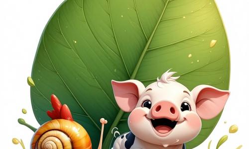 Gaston l'escargot, avec sa coquille colorée, sourit sur une grande feuille verte. À côté, Lili la poule danse, et Paulo le cochon éclabousse de la boue. Mimi la vache rit en courant après sa queue, un peu en retrait. La scène se déroule dans un jardin ensoleillé avec des fleurs et des papillons. Gaston prépare un tour de magie, caché dans sa coquille, tandis que les animaux l'observent, impatients et amusés.