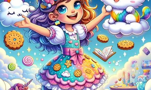 Clara, une fille de 12 ans aux cheveux en bataille et aux yeux curieux, flotte joyeusement dans les airs avec un sourire éclatant. Elle porte une robe colorée ornée de motifs de nuages et de biscuits, tenant un biscuit en forme de chat brillant. À ses côtés, Zigzag, un chat-arc-en-ciel aux poils irisés, se tient sur un nu moelleux, montrant une carte en forme de nuage avec une expression espiègle. Le décor est un monde fantastique de nuages, avec des arcs-en-ciel et des montagnes de bonbons. Clara et Zigzag sont en pleine aventure au-dessus de l'école des nuages, entourés de moutons en uniforme bleu ciel prenant des notes, tandis qu'une tempête de chatouilles se prépare à les surprendre avec des plumes virevoltantes.