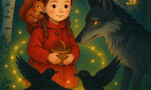 Lucile, 6 ans, calme et courageuse, cheveux châtains en tresses, manteau rouge vif et petit panier serré contre sa poitrine, se tient au centre d’une clairière nocturne entourée d’animaux protecteurs : un grand loup gris foncé aux yeux jaunes recule timidement à l’orée du cercle lumineux, un écureuil roux tient une noisette sur son épaule droite, deux merles noirs volent bas en barrière et plusieurs lucioles dorées forment un anneau lumineux; au loin la grand‑mère d’environ 60 ans, silhouette douce en robe à fleurs, bras ouverts devant une maison à fenêtre chaleureusement éclairée; sol de mousse verte, pierres argentées baignées de lune, troncs de bouleau et champignons au premier plan, ambiance à la fois dramatique et rassurante avec contraste entre le rouge du manteau, les verts profonds de la forêt et le jaune doré des lucioles.