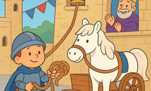 Léo, garçon chevalier calme et souriant, porte une cotte d'armes grise, une cape bleue, un casque rond et une courte épée, il tient une grosse corde nouée et regarde la cloche ; Plume, grand cheval blanc aux crins doux, est attaché près d'une charrette en bois qui supporte la grosse cloche dorée ; le roi, homme d'environ 55 ans en robe pourpre et couronne dorée, applaudit depuis un balcon en pierre surplombant la cour du château aux pavés gris et tours beiges, avec fanions rouges et bleus ; lumière douce de fin de matinée, couleurs vives, atmosphère sûre et joyeuse.