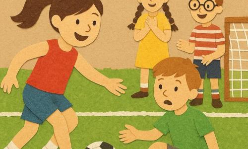 Léa, jeune femme souriante aux cheveux en queue de cheval, en maillot rouge, short bleu et chaussures blanches, pousse un ballon noir et blanc du bout du pied vers le but tandis qu'elle tend la main pour aider Max, garçon d'environ 10 ans assis au sol, t-shirt vert et shorts gris, à se relever; en arrière-plan deux amis applaudissent, et la scène joyeuse aux couleurs vives montre un terrain et des éléments stylisés comme un collage en papier (herbe, lignes, but et nuages découpés).