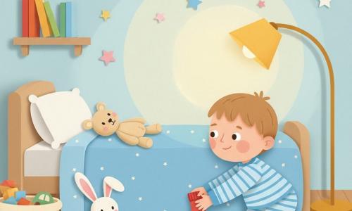 Un garçon de 2 ans, souriant et curieux, cheveux châtain clair en petite coupe, en pyjama rayé bleu et blanc, ramasse une chaussette rouge tombée du lit; un doudou beige aux yeux cousus est posé sur la couverture, une peluche lapin blanche à une oreille décalée près d’un bol bleu vide le regarde, une lampe de chevet jaune projette une douce lumière sur le mur bleu pâle avec des étoiles en papier au-dessus du lit; la petite chambre chaleureuse (tapis moutarde, étagère en bois clair, panier à jouets tissé) montre un moment calme et drôle au coucher — il suit la chaussette, remet l’oreille au lapin et serre son doudou avant de se glisser sous la couette, expression rieuse et apaisée; style visuel : formes simples et arrondies, couleurs pastel saturées, textures papier visibles, contours nets, lumière douce et contrastes délicats.