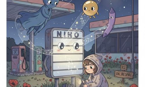 Nino, un panneau lumineux anthropomorphe un peu rouillé aux lettres effacées, regarde la scène en diffusant de faibles constellations scintillantes ; Lina, adolescente en capuche trop grande et vêtements sales, à genoux répare un boîtier électrique avec une petite lampe, tandis que trois créatures extraterrestres lumineuses (une grande silhouette au manteau bleu nuit, une bulle dorée ronde et une fine forme en crayon violet) flottent en dessinant des motifs d’étoiles ; lieu : vieille station-service nocturne aux pompes craquelées, terrain vague envahi d’herbes et de coquelicots, ciel très étoilé, ambiance intime, chaleureuse, mystérieuse et pleine d’espoir, lumières douces et couleurs pastel (bleus, violets, dorés).