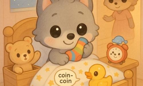 Petit Loup, une peluche-loup vivante au pelage gris clair et aux grandes oreilles rondes, est assis dans son lit en serrant une chaussette colorée contre sa joue comme doudou ; un ours en peluche beige au regard surpris est posé dans une boîte à jouets ouverte à côté, un petit canard jaune brillant fait 