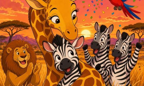 Gigi la girafe sourit bienveillante, cou courbé pour entourer affectueusement Ziggy, un jeune zèbre joyeux et surpris, les parents zèbres heureux derrière lui, Léo le lion à gauche applaudissant, Polly le perroquet coloré volant au-dessus et lançant des confettis ; scène de savane dorée au coucher du soleil avec herbe ondulante, acacias en silhouette et montagnes lointaines, ambiance chaleureuse et festive, couleurs saturées, contours nets, style dessin animé années 90, composition centrée et lisible pour enfants.