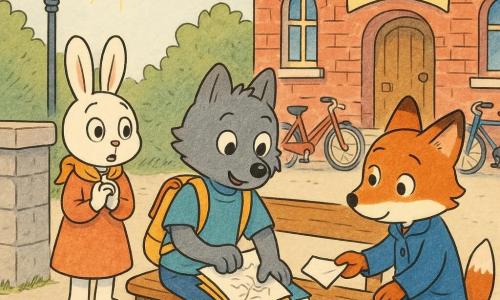 Léo, petit loup anthropomorphe gris au regard inquiet puis soulagé, tient un dessin froissé qu'il glisse dans un carnet ; à gauche, Mia, petite lapine blanche au foulard jaune, surprise puis rassurée, mains croisées ; à droite, Tom, petit renard roux au manteau bleu, timide, tend la feuille pliée ; scène devant le portail d'une école en briques avec un muret bas, quelques vélos et un lampadaire, ciel clair et rayon de soleil ; atmosphère calme et bienveillante, gestes de réparation et regards apaisés, style enfantin aux traits nets, couleurs vives et textures crayon.