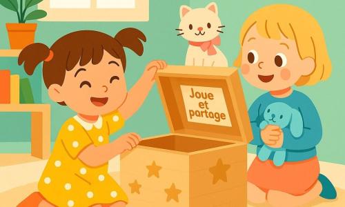 Trois personnages dans une chambre d'enfant lumineuse : Lina, 4 ans, cheveux bruns en couettes, robe jaune à pois blancs, agenouillée à gauche, souriante et levant doucement le couvercle d'un coffre en bois ; Mimi, 4 ans, cheveux blonds courts, pull bleu clair et jupe rose, à droite, serrant un doudou bleu et regardant Lina avec joie ; un petit chat en peluche crème au ruban rose posé sur le bord du coffre. Les deux petites détectives viennent d'ouvrir le coffre et ont retrouvé le doudou, mains presque jointes, jouets éparpillés autour (chapeau, carotte en tissu, blocs colorés), une note sur le couvercle indiquant « Joue et partage », tapis beige, murs vert menthe, lumière chaude par la fenêtre et coussins formant une cabane ; ambiance joyeuse et tendre, couleurs vives et contours nets, composition centrée sur le coffre et les visages.