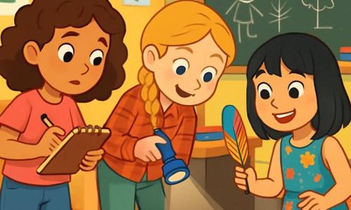 Trois personnages sont présents : Léa, une fille de 8 ans aux cheveux bruns et bouclés, en t-shirt rose et short en jean, qui prend des notes ; Inès, également âgée de 8 ans, avec des cheveux blonds tressés, en chemise à carreaux et pantalon vert, qui explore avec une mini lampe-clip ; et Zoé, avec des cheveux noirs et lisses, en robe à fleurs, tenant une plume colorée et souriante. Elles se trouvent près d'un bureau en bois dans une salle de classe lumineuse avec des murs jaunes et des affiches colorées. Les livres sont éparpillés et un tableau noir est couvert de dessins. Elles examinent une clé dorée trouvée dans un coin, concentrées et prêtes à résoudre le mystère.