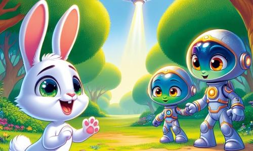 Dans une clairière ensoleillée de la forêt, un petit lapin blanc nommé Léo, aux grandes oreilles et aux yeux pétillants, observe avec émerveillement un vaisseau spatial brillant qui vient d'atterrir. À ses côtés, deux extraterrestres aux peaux bleu vif, Ziri et Toko, s'approchent avec un sourire amical. Ziri, plus grand, porte une combinaison scintillante, tandis que Toko, plus petit, brandit un appareil lumineux. La clairière est entourée d'arbres majestueux et de fleurs colorées, sous un ciel bleu parsemé de nuages. Cette scène illustre la rencontre entre Léo, Ziri et Toko, symbolisant une amitié naissante.