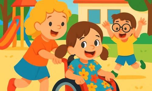 Une petite fille de 4 ans, Lou, souriante, est assise dans son fauteuil roulant rouge. Elle a de longs cheveux châtains en couettes et porte une robe à fleurs. Lou regarde ses amis avec excitation. À côté d'elle, Jade, 4 ans, aux cheveux bouclés et blonds, pousse doucement le fauteuil de Lou. Hugo, 5 ans, avec des lunettes et des cheveux bruns, lève les bras, prêt à courir. La scène se déroule dans la cour de récréation d'une école, entourée d'arbres et de jeux colorés, avec un sol en sable doré. Lou et ses amis jouent ensemble, créant une atmosphère joyeuse.