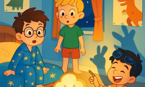 Il y a trois personnages : Tom, un garçon de 9 ans avec des cheveux bruns en bataille et des lunettes rondes, assis sur son lit en pyjama bleu à étoiles, surpris ; Léo, également âgé de 9 ans, avec des cheveux blonds et des taches de rousseur, debout près de la fenêtre en t-shirt vert et short rouge, curieux de la lumière de la veilleuse ; et Sami, un autre garçon de 9 ans, avec des cheveux noirs et des lunettes de soleil sur la tête, allongé sur le tapis en pyjama rayé, riant en pointant une ombre sur le mur. La scène se déroule dans une chambre d’enfant chaleureuse aux murs bleu clair, avec des posters de dinosaures, un grand lit recouvert d’une couette étoilée, des jouets éparpillés, et une veilleuse en forme de nuage diffusant une lumière douce. Les trois amis découvrent la magie des ombres projetées par la veilleuse, riant ensemble, tandis qu'un petit chat lumineux, Lumi, les observe.
