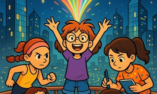Quatre enfants sont réunis : Clara, une fille de 10 ans avec des cheveux en bataille et des lunettes rondes, porte un t-shirt violet et un short en jean, les bras levés avec un grand sourire. Lila, également âgée de 10 ans, est sportive avec des cheveux tressés et un bandeau rose, vêtue d'un débardeur jaune et d'un pantalon de sport noir, prête à bondir avec une expression déterminée. Sarah, 10 ans, a des cheveux bruns en queue de cheval, porte une blouse colorée et un jean, penchée en avant avec un carnet de notes et un stylo, l'air concentré. Jade, 10 ans, a des cheveux bouclés et une robe bleue à pois, admire les lumières avec un visage rêveur. L'action se déroule au sommet du Grand Panorama, une plateforme d'observation surplombant la ville de Lumiville, illuminée par des gratte-ciel en verre et des étoiles. Les amies activent un générateur d'énergie qui projette des lumières colorées dans le ciel, créant un spectacle magique tout en collaborant pour équilibrer l'énergie de la ville.