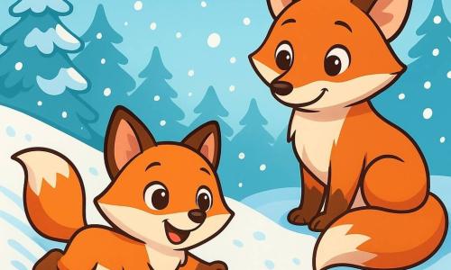 Une petite renarde au pelage roux éclatant glisse joyeusement sur une pente de neige, avec un sourire émerveillé. À côté, sa maman renarde, au pelage légèrement plus sombre, l'observe avec tendresse. La scène se déroule dans une forêt hivernale magique, avec des arbres couverts de neige et un ciel bleu pâle. Lila s'amuse à glisser sur la pente, laissant une trace dans la neige, tandis que sa maman l'encourage.