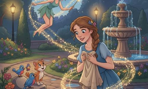 Cendrillon, au premier plan, visage expressif aux grands yeux lumineux et sourire timide, porte une robe simple usée, manches retroussées, tenant un vieux bout de tissu ; peau claire, cheveux châtain clair en tresse désordonnée ornée de fleurs, posture légèrement penchée. Une petite fée féminine flotte à côté d’elle, silhouette fine, ailes translucides irisées, cheveux blonds bouclés, aura dorée d’étincelles, tend une baguette scintillante vers la robe qui se transforme en robe de bal scintillante tandis que poussière lumineuse tourbillonne. Autour, des oiseaux colorés et un petit chat roux observent depuis une borne en pierre. Lieu : jardin public au crépuscule avec allée pavée mouillée, parterres de fleurs bleues, pourpres et jaunes, fontaine en pierre et buissons taillés, lampadaires à lueur chaude. Atmosphère magique d’émerveillement et d’espoir, couleurs saturées mais douces, contours nets, textures détaillées et éclairage crépusculaire aux reflets dorés.