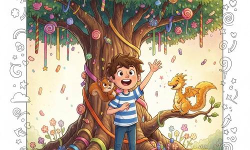 Un garçon de 8 ans, visage rond, cheveux bruns en bataille, yeux pétillants et sourire malicieux, vêtu d’un t‑shirt rayé bleu et de baskets rouges, raconte une blague en levant la main, joyeux ; à droite, un petit dragon farceur nommé Flamouille aux écailles dorées et ailes courtes souffle des étincelles multicolores depuis une branche basse ; sur l’épaule gauche, l’écureuil roux Édouard aux grands yeux curieux applaudit ; décor : le Grand Arbre à Bonbons, tronc noueux orné de rubans, branches chargées de sucettes géantes, guimauves et bonbons multicolores, sol couvert de fleurs scintillantes et de petits paquets cadeaux ; le garçon fait rire l’arbre qui secoue ses branches et fait tomber une pluie de bonbons, ambiance lumineuse aux couleurs saturées, style illustré doux avec contours légèrement crayonnés et overlay de petits doodles (notes de musique, étoiles, confettis).