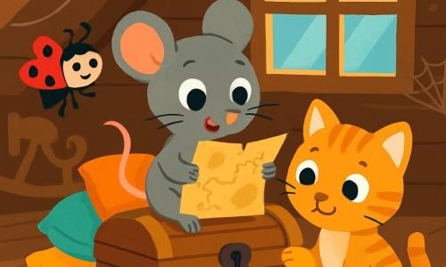 Une petite souris grise nommée Noisette, avec de grands yeux brillants, regarde une carte au trésor avec curiosité. Elle est assise sur un vieux coffre en bois, entourée de coussins colorés. À côté d'elle, Lili la coccinelle sourit en volant autour d'elle, tandis que Filou le chaton, assis sur le sol, observe la carte avec intérêt. Le grenier est rempli de vieux jouets et de rayons de lumière filtrant à travers une fenêtre poussiéreuse. Noisette, Lili et Filou se préparent à partir à l'aventure pour découvrir le trésor caché.