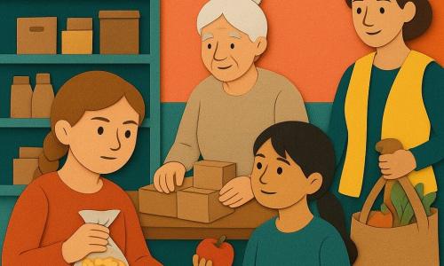 Salle associative colorée où se tient une préparation collective de colis alimentaires : une fille de 12 ans au visage rond et tresse châtain clair, déterminée, range des conserves et tient un sachet de pâtes ; Sofia, 12 ans, cheveux noirs en queue de cheval, sourire timide, tient une pomme et se tient à ses côtés ; madame Bernard, ~70 ans, cheveux blancs en chignon, mains rugueuses, supervise derrière la table ; Aline, ~25 ans, gilet jaune et coupe courte, accueille à l'entrée avec un sac en toile rempli de légumes ; étagères garnies, guirlandes en papier, table en bois avec conserves, flyers et carnets, ambiance chaleureuse et solidaire, lumière douce et contrastes nets.
