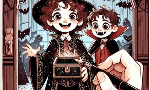 Clara, 12 ans, aux cheveux bruns et bouclés, porte un costume de sorcier noir avec des motifs scintillants. Elle a des yeux pétillants et un large sourire, tenant une petite boîte noire. À ses côtés, Sam, également 12 ans, déguisé en vampire avec une cape rouge, l'observe avec enthousiasme et appréhension. La scène se déroule dans un manoir hanté, avec des ombres sur les murs et des toiles d'araignées. Des lumières vacillantes créent une atmosphère mystérieuse, tandis que des miroirs déformants reflètent des images étranges. Clara et Sam se tiennent devant une porte ancienne, prêts à ouvrir la boîte magique qui pourrait les transporter dans un monde féerique, leurs cœurs battant d'excitation et de peur.