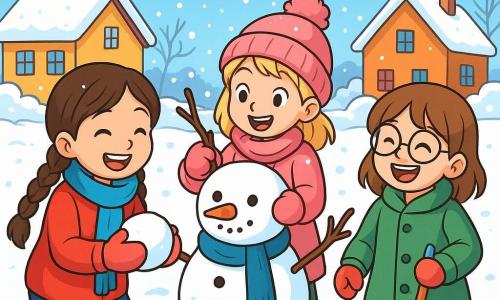 Il y a trois personnages : Louise, une fille de 8 ans avec de longs cheveux bruns et des tresses, souriante avec une boule de neige dans les mains, habillée d'un pull rouge et d'une écharpe bleue ; Eva, une fille de 9 ans aux cheveux blonds, décorant un bonhomme de neige avec un manteau rose et un bonnet à pompon ; et Zoé, une fille de 8 ans avec des cheveux châtains et des lunettes rondes, riant avec une pelle à neige, vêtue d'un manteau vert. Elles sont dans un jardin enneigé, entouré de maisons sous un ciel bleu clair, créant un bonhomme de neige ensemble, dans une ambiance joyeuse et hivernale.