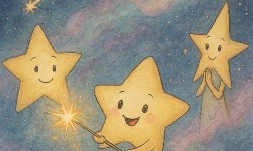 Étoillette, petite étoile ronde aux pointes douces, sourit radieuse et trace avec une baguette d'étincelles les lignes lumineuses de sa propre constellation; Sirius, grande étoile anguleuse et bienveillante, l'observe depuis la gauche, bras lumineux croisés et sourire encourageant; Vega, élancée et élégante, se tient à droite en retrait, les yeux émerveillés, applaudissant doucement avec des traînées de poussière; une comète filante traverse en diagonale, queue or-rose brillante; derrière, un rideau de gaz turquoise, lavande et rose pâle ponctué d'étincelles dorées; le décor est un vaste ciel nocturne profond parsemé d'étoiles scintillantes, bandes de nébuleuses pastel et points lumineux doux, créant une ambiance chaleureuse, magique et joyeuse.